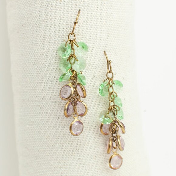 Gold Tone Lavender and Green Crystal Dangle Earrings - Picture 3 of 4
